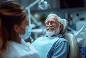 An older man smiling with dentures in Corbin